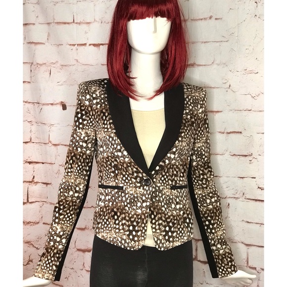 BCBGMaxAzria BOWIE Feather XXS Camel Combo Leopard print Tuxedo Blazer Jacket - Picture 2 of 16